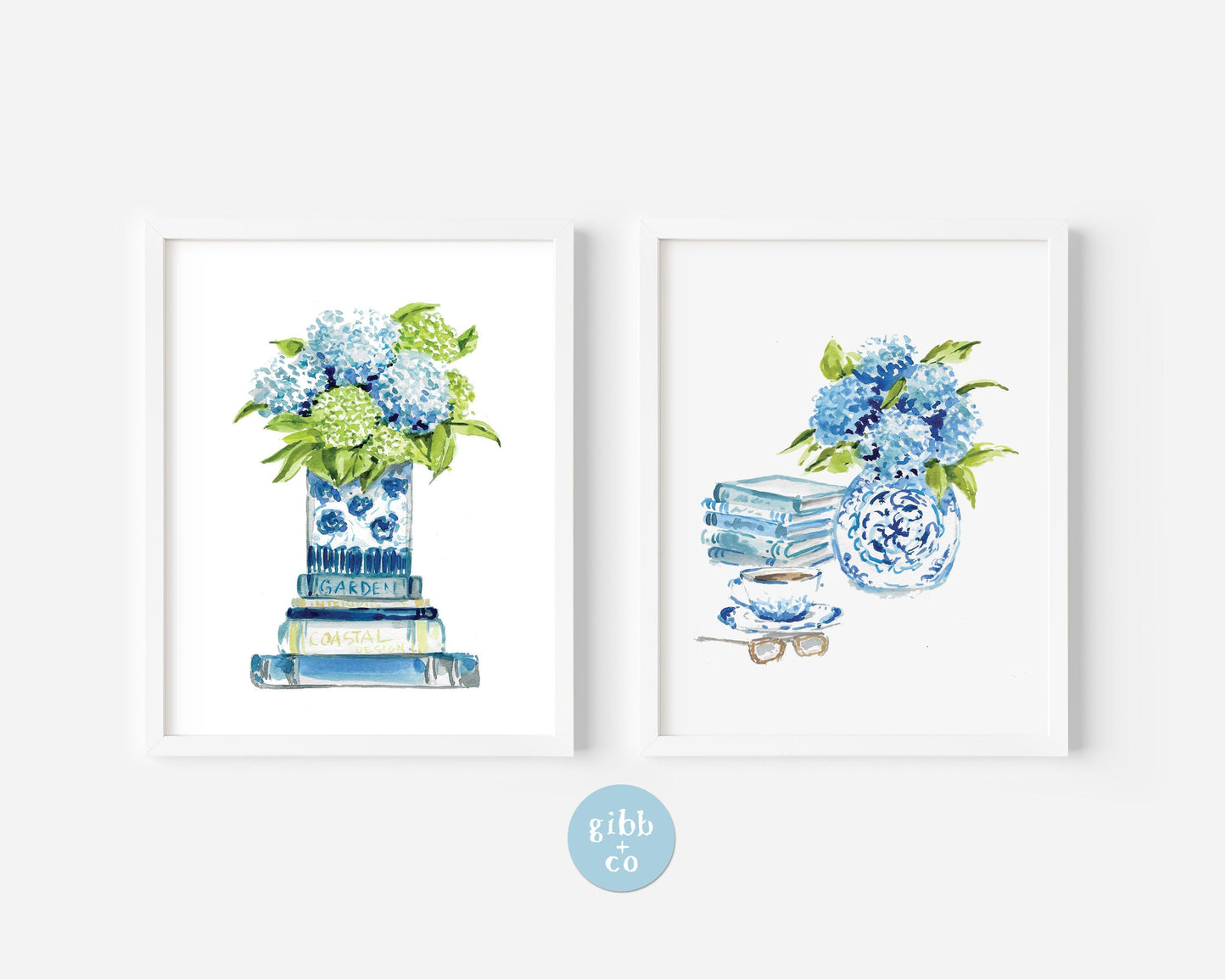 Blue Hydrangeas art print, stacked books, tea, book lover art print, floral art print, chinoiserie art print, book art print