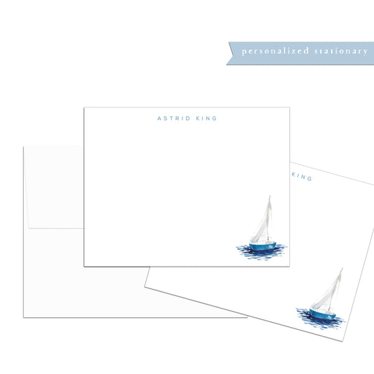 Sailboat, sailboat notecards, personalized notecards, stationery, watercolor stationery set, gift for, illustration, flat card, white, blue