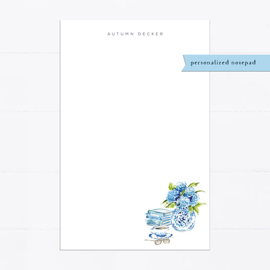 Hydrangea notepad, books, personalized notepad, stacked books, tea, teacher gift, gift for, illustration, monogram, white, blue hydrangeas