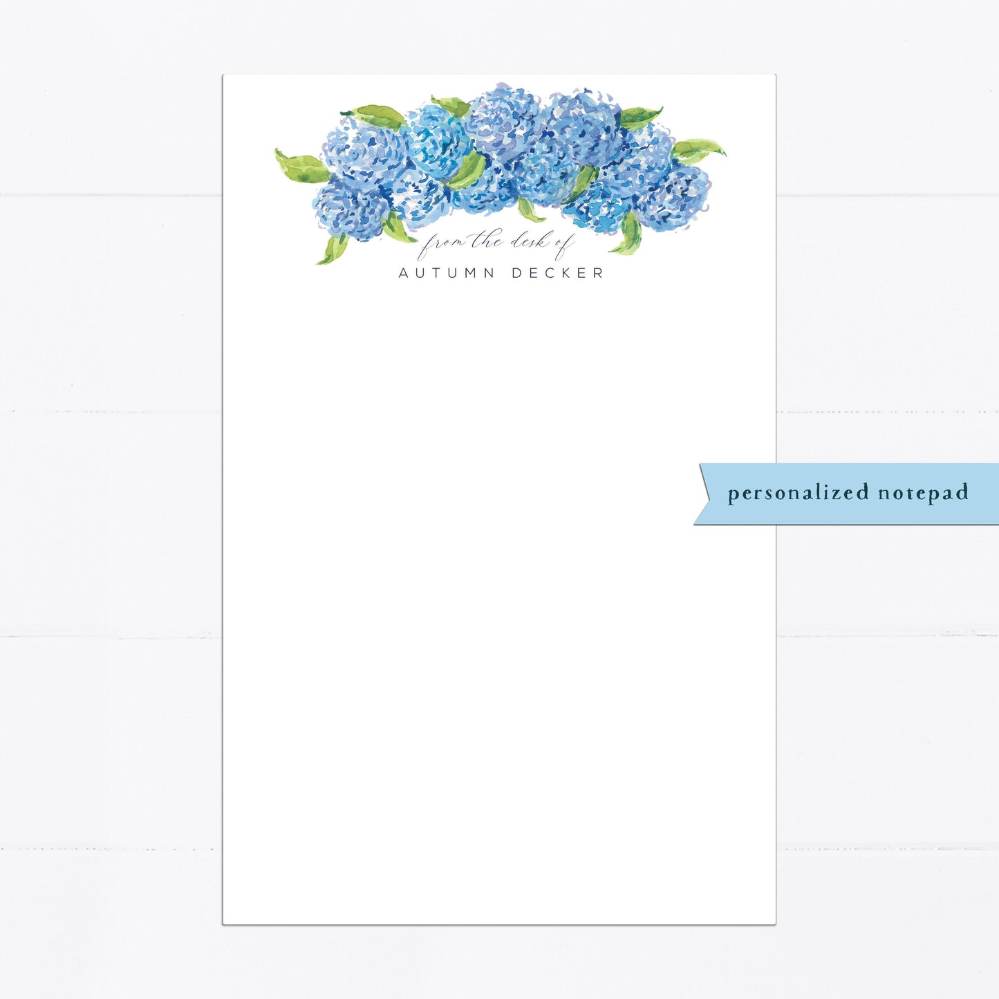 Hydrangea notepad, books, personalized notepad, stacked books, tea, teacher gift, gift for, illustration, monogram, white, blue hydrangeas
