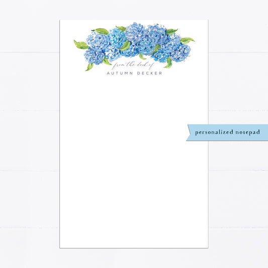 Hydrangea notepad, books, personalized notepad, stacked books, tea, teacher gift, gift for, illustration, monogram, white, blue hydrangeas