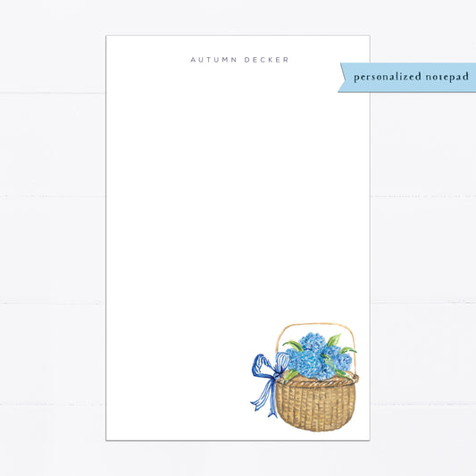 Hydrangea notepad, books, personalized notepad, stacked books, tea, teacher gift, gift for, illustration, monogram, white, blue, hydrangeas