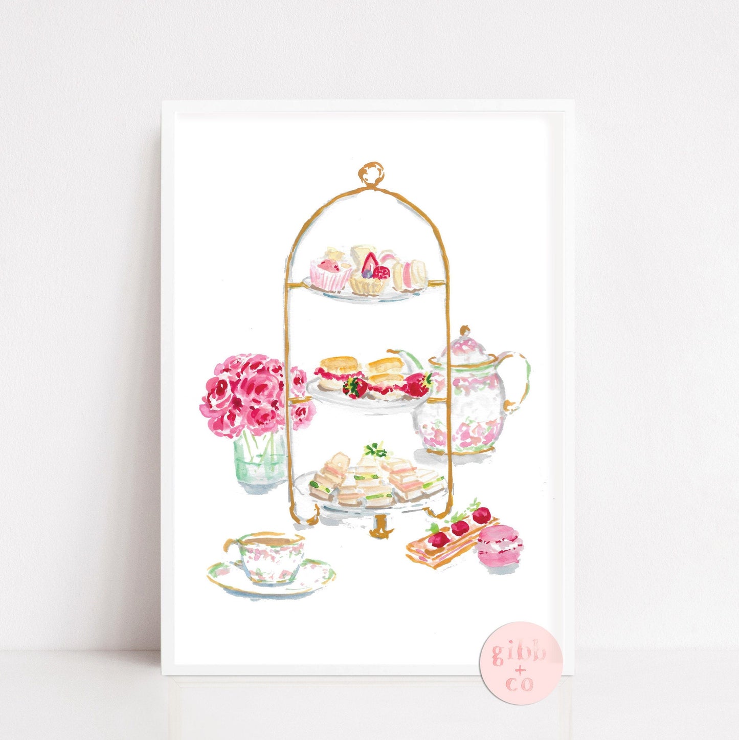 Pink Floral Afternoon Tea, Tea lover, pastry lover, nursery art print, floral art print