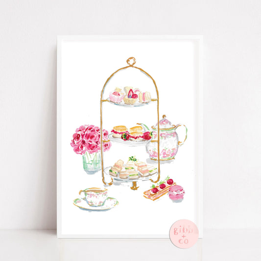 Pink Floral Afternoon Tea, Tea lover, pastry lover, nursery art print, floral art print