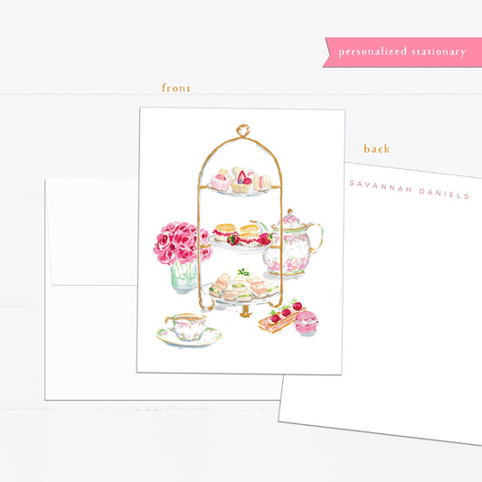 Pastries and tea notecards, pink, personalized notecards, stationery, watercolor stationery set, gift for, illustration, flat card, pink