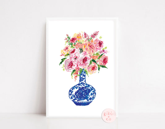 Blue Chinoiserie Vase Floral, series, peony, peonies, rose, roses, floral art print, chinoiserie art print