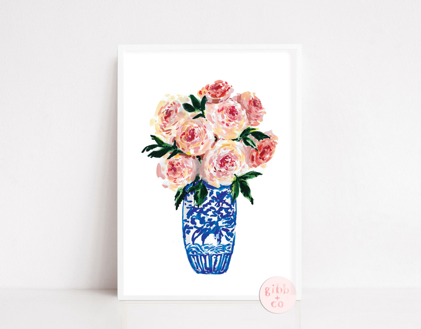 Blue Chinoiserie Vase Floral, series, pink peony, peonies, pink peonies, floral art print, chinoiserie art print