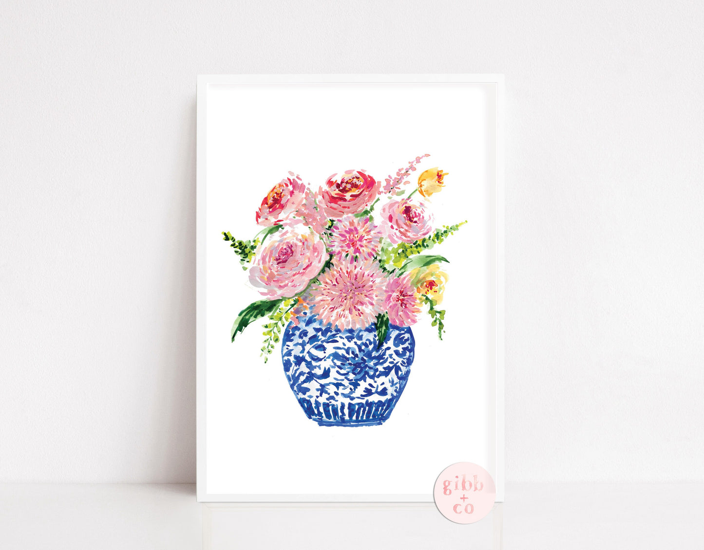 Blue Chinoiserie Vase Floral, series, pink peony, peonies, pink peonies, floral art print, chinoiserie art print