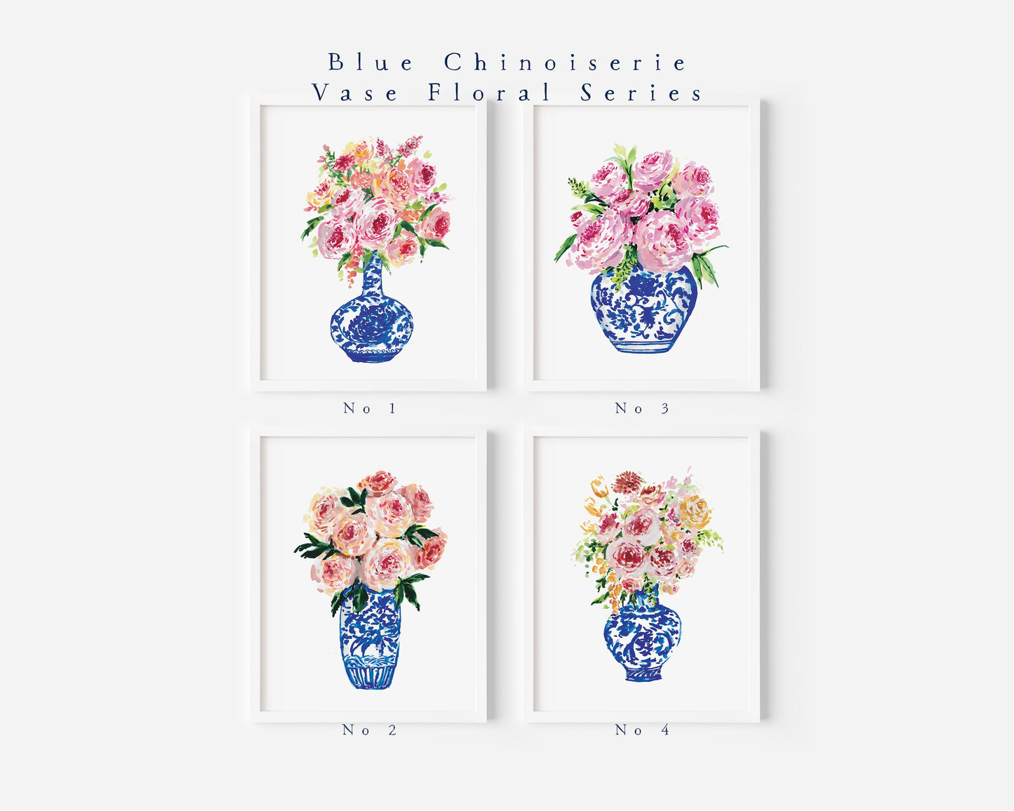 Blue Chinoiserie Vase Floral, series, pink peony, peonies, pink peonies, floral art print, chinoiserie art print