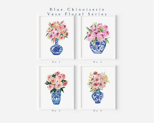 Blue Chinoiserie Vase Floral series, peony, peonies, rose, roses, chinoiserie art print