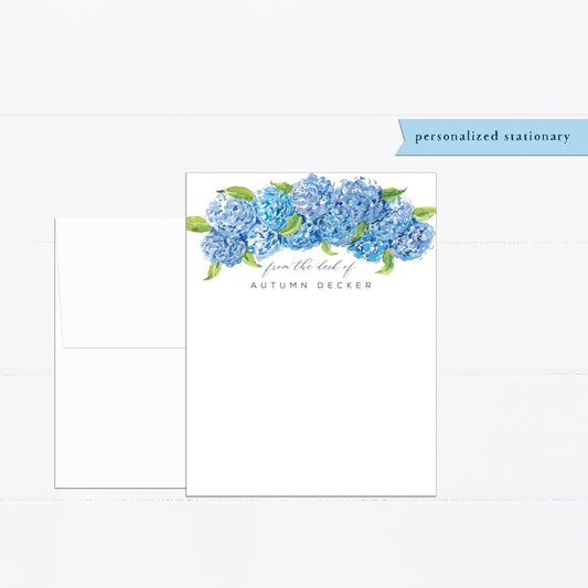 Hydrangeas notecards, books, personalized notecards, stationery, watercolor stationery set, gift for, illustration, flat card, white, blue
