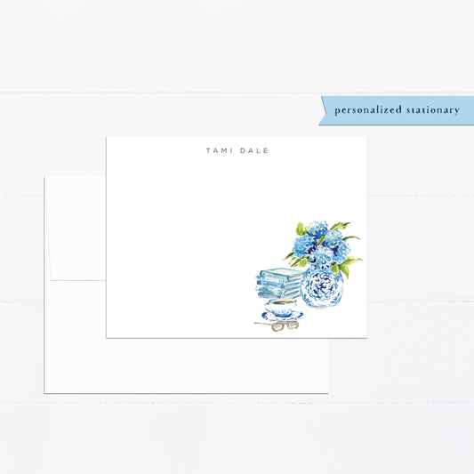 Hydrangeas notecards, gift for writer, personalized notecards, stationery, gift for, illustration, flat card, blue