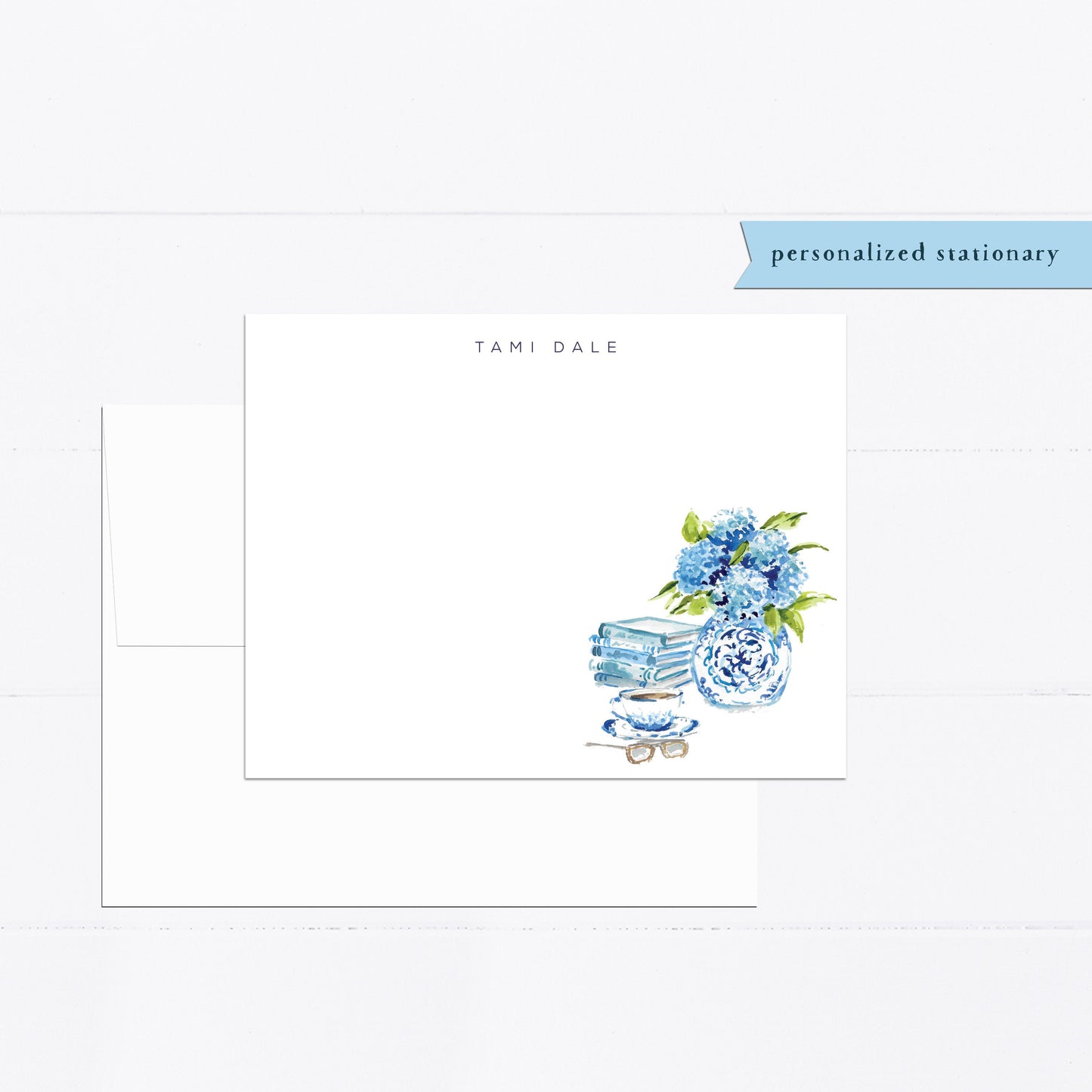 Hydrangeas notecards, stacked books, personalized notecards, stationery, watercolor stationery set, gift for, illustration, flat card, blue