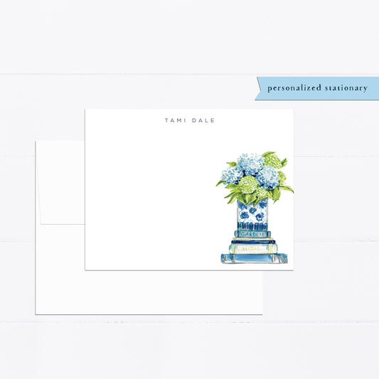 Hydrangeas notecards, stacked books, personalized notecards, stationery, watercolor stationery set, gift for, illustration, flat card, blue