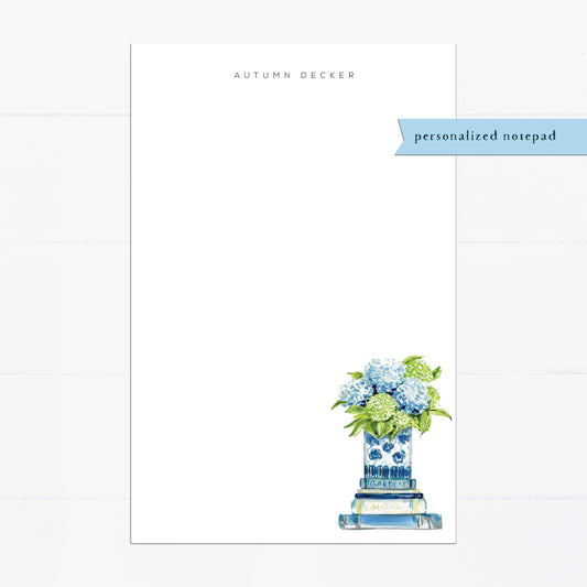 Hydrangea notepad, books, personalized notepad, stacked books, tea, teacher gift, gift for, illustration, monogram, white, blue hydrangeas