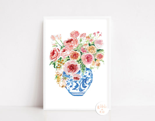 Blue Chinoiserie Vase Floral series, peony, peonies, rose, roses, floral art print, garden art print