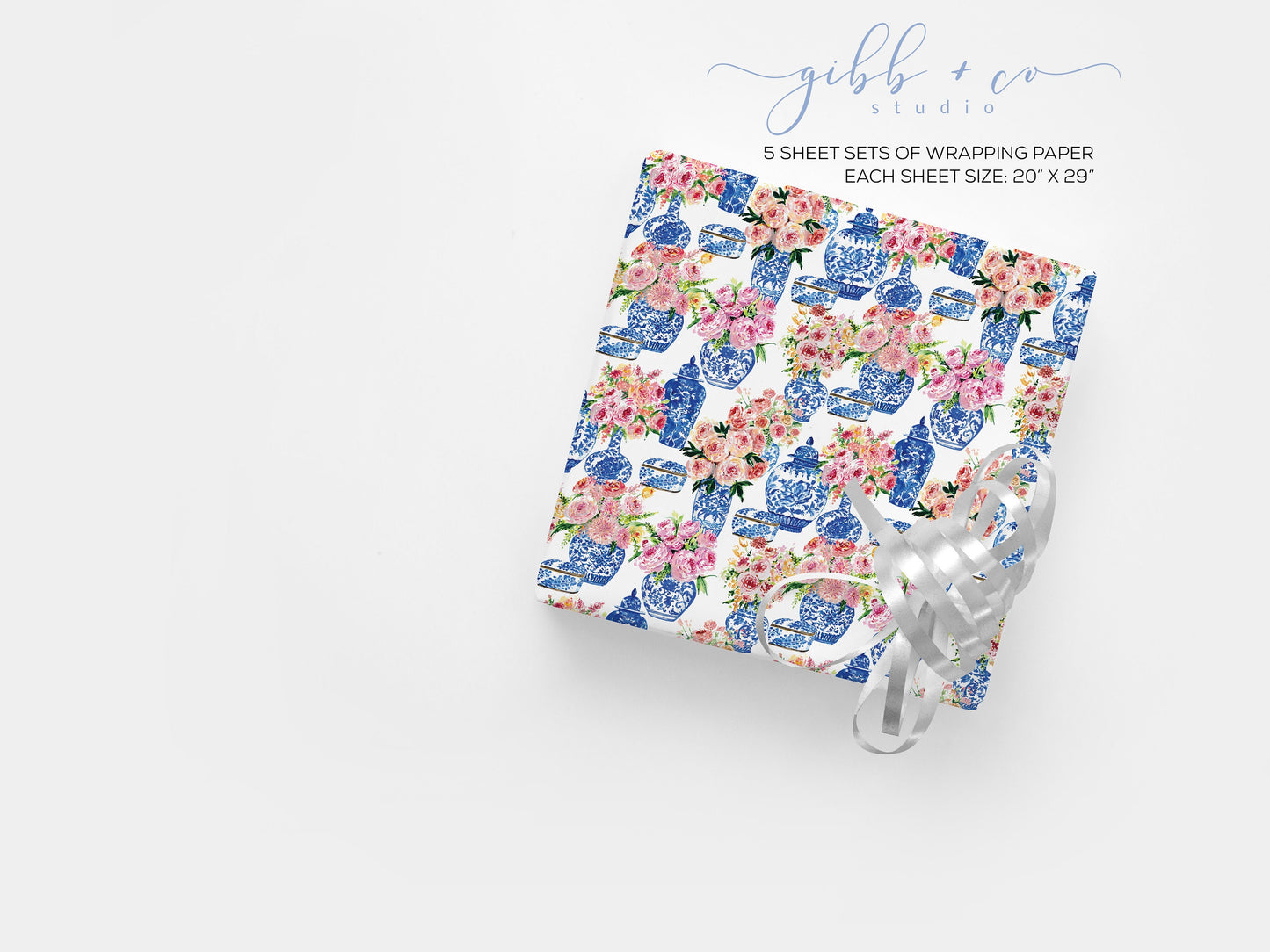 Blue Chinoiserie vase floral wrapping paper