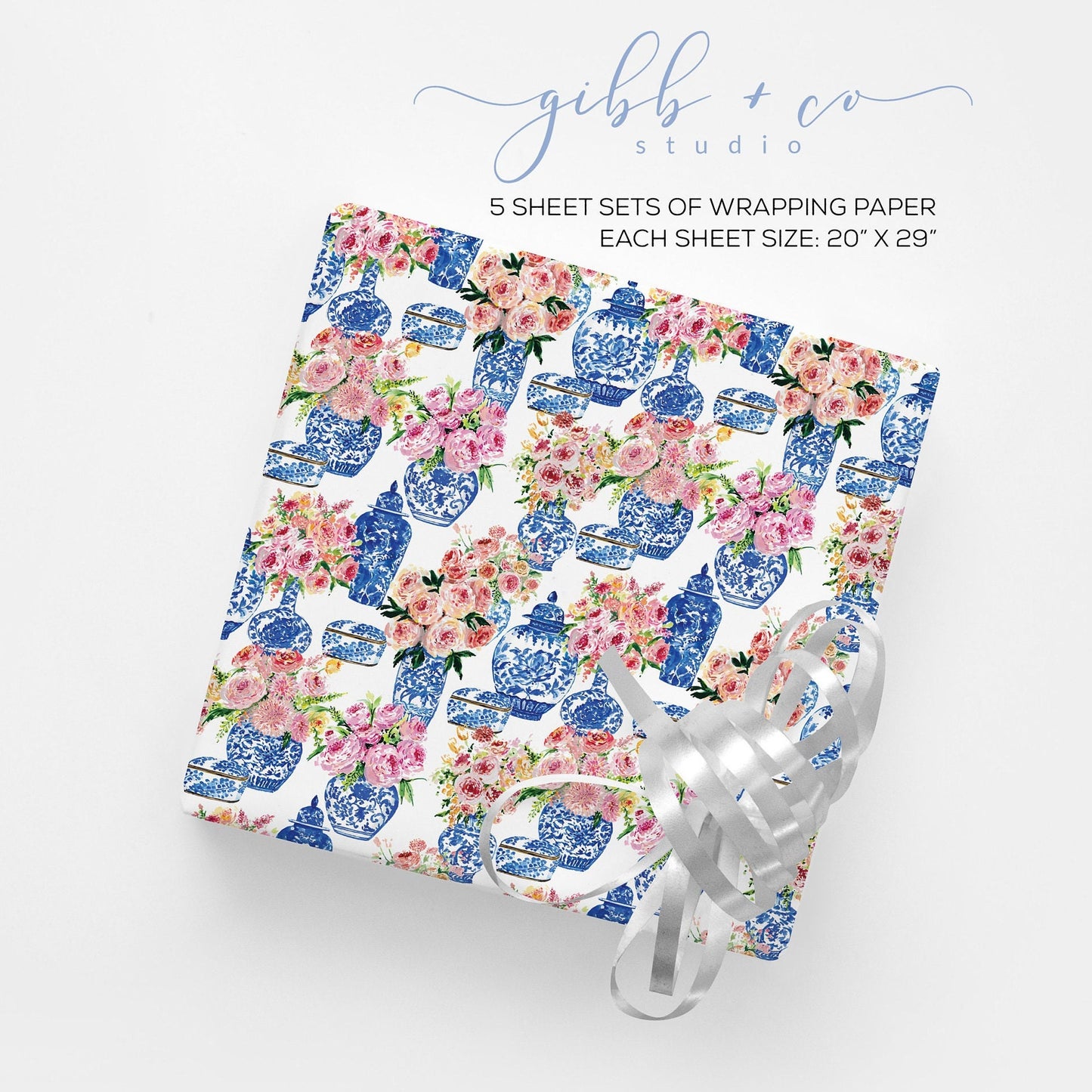 Blue Chinoiserie vase floral wrapping paper