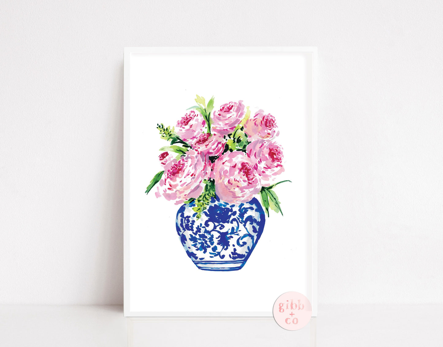 Blue Chinoiserie Vase Floral, series, pink peony, peonies, pink peonies, floral art print, chinoiserie art print