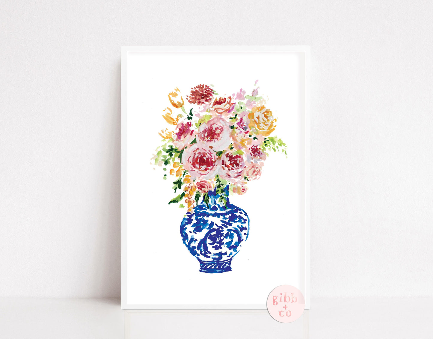 Blue Chinoiserie Vase Floral, series, pink peony, peonies, pink peonies, floral art print, chinoiserie art print