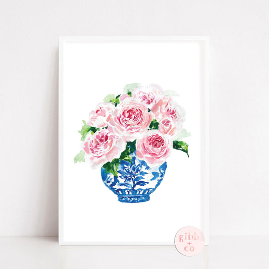 Pink roses in blue vase, floral art print, Chinoiserie art print