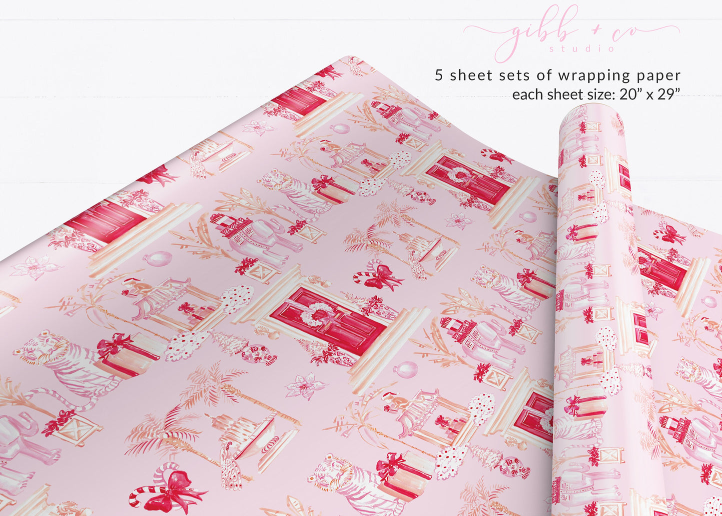 Pink Christmas wrapping paper, pink chinoiserie, Christmas wrapping paper, holiday wrapping paper