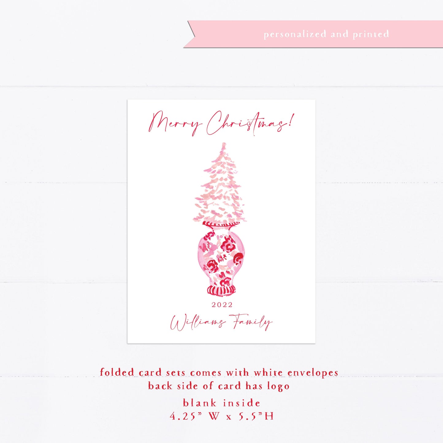 Pink Ginger Jar, Christmas card, personalized Christmas card, wreath, watercolor, monogram, gift for, feminine, Holiday card, holidays