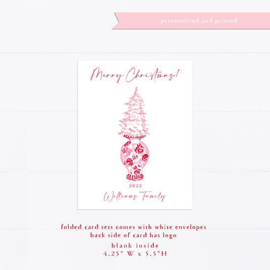 Pink Ginger Jar, Christmas card, personalized Christmas card, wreath, watercolor, monogram, gift for, feminine, Holiday card, holidays