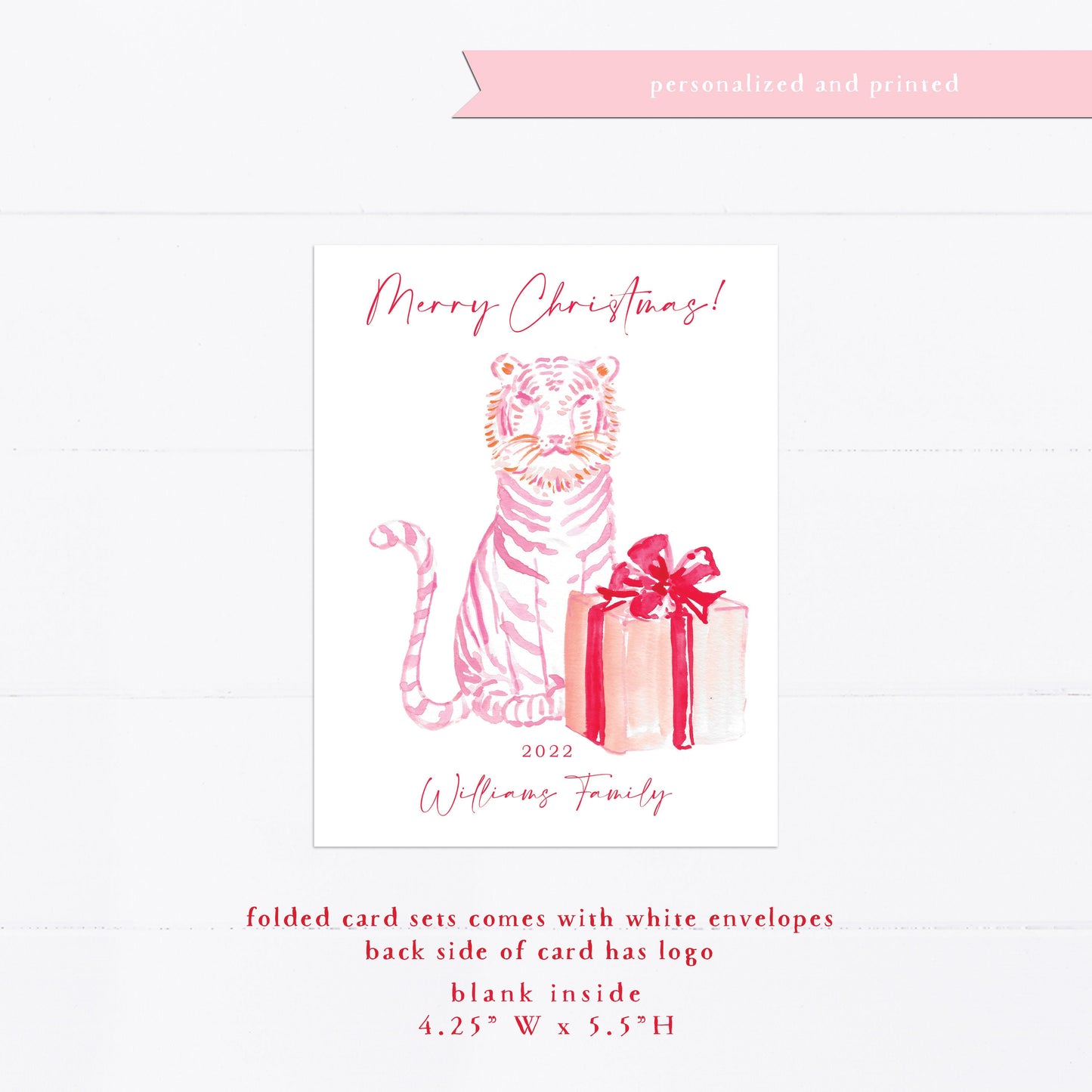 Christmas card, personalized Christmas card, pink tiger, wreath, watercolor, monogram, gift for, feminine, girly, Holiday card, holidays