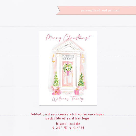 Christmas card, personalized Christmas card, pink door, wreath, watercolor, monogram, gift for, feminine, girly, Holiday card, holidays