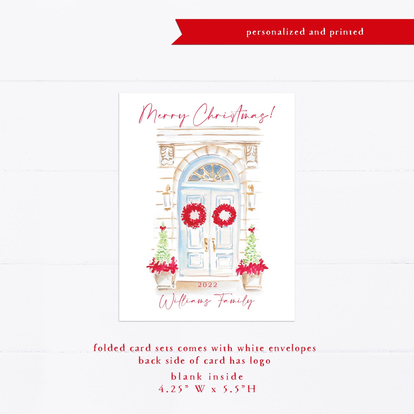 Christmas card, personalized Christmas card, blue door, red, wreath, watercolor, monogram, gift for, feminine, girly, Holiday card, holidays