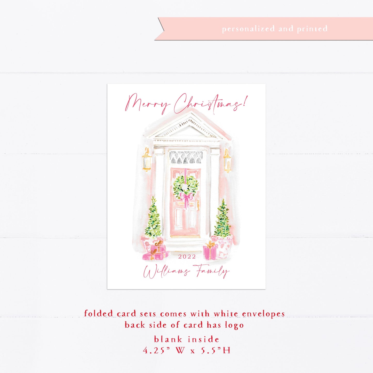 Christmas card, personalized Christmas card, pink door, wreath, watercolor, monogram, gift for, feminine, girly, Holiday card, holidays