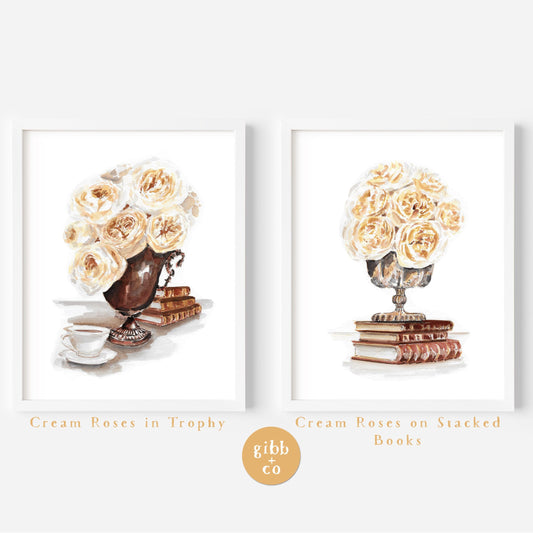 Floral art print series, Cream roses art, Stacked books, book art print