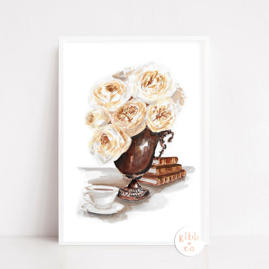 Cream roses in Bronze trophy, book art print, floral art print