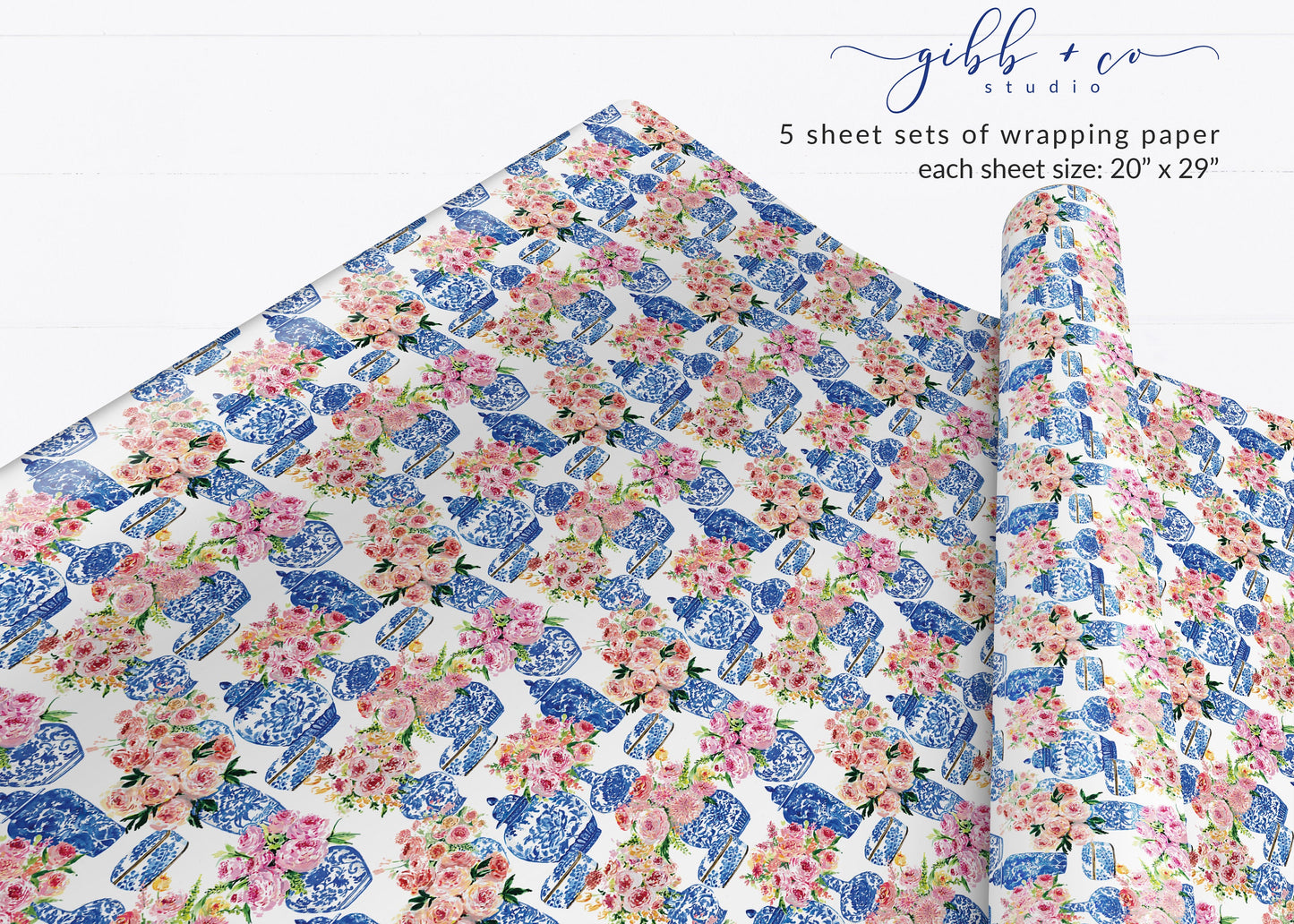 Blue Chinoiserie vase floral wrapping paper