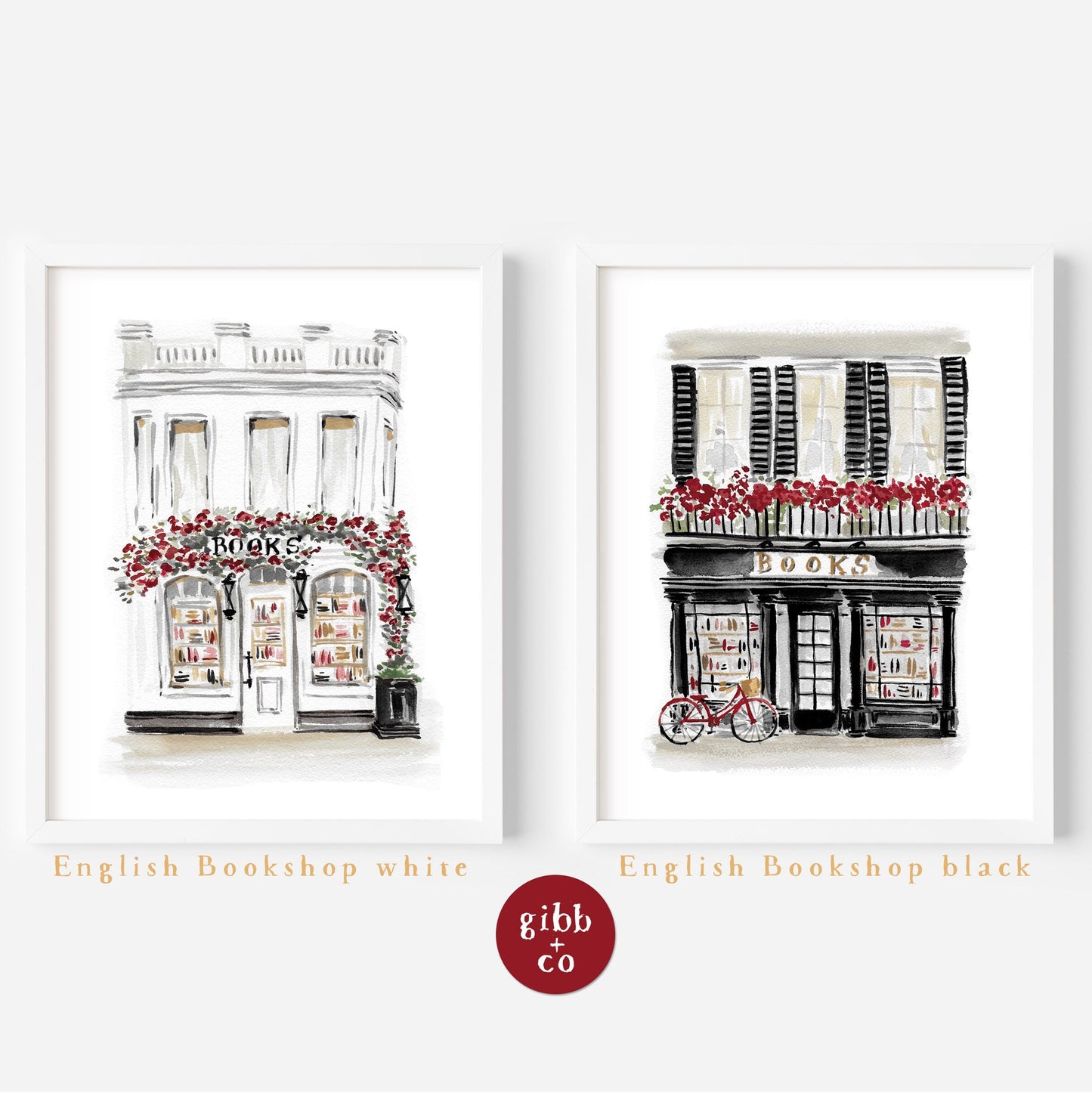 Black and White Bookshop series, architecture art print, book art print, floral art print