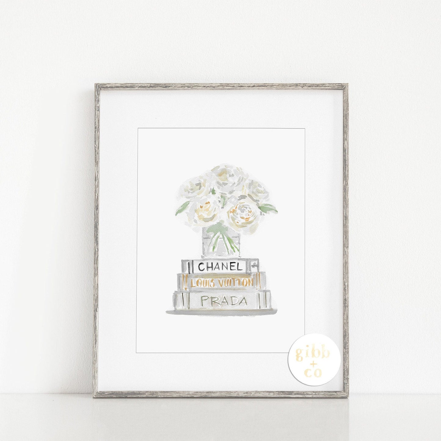 White Rose with stacked books, art print, book art print, floral art print