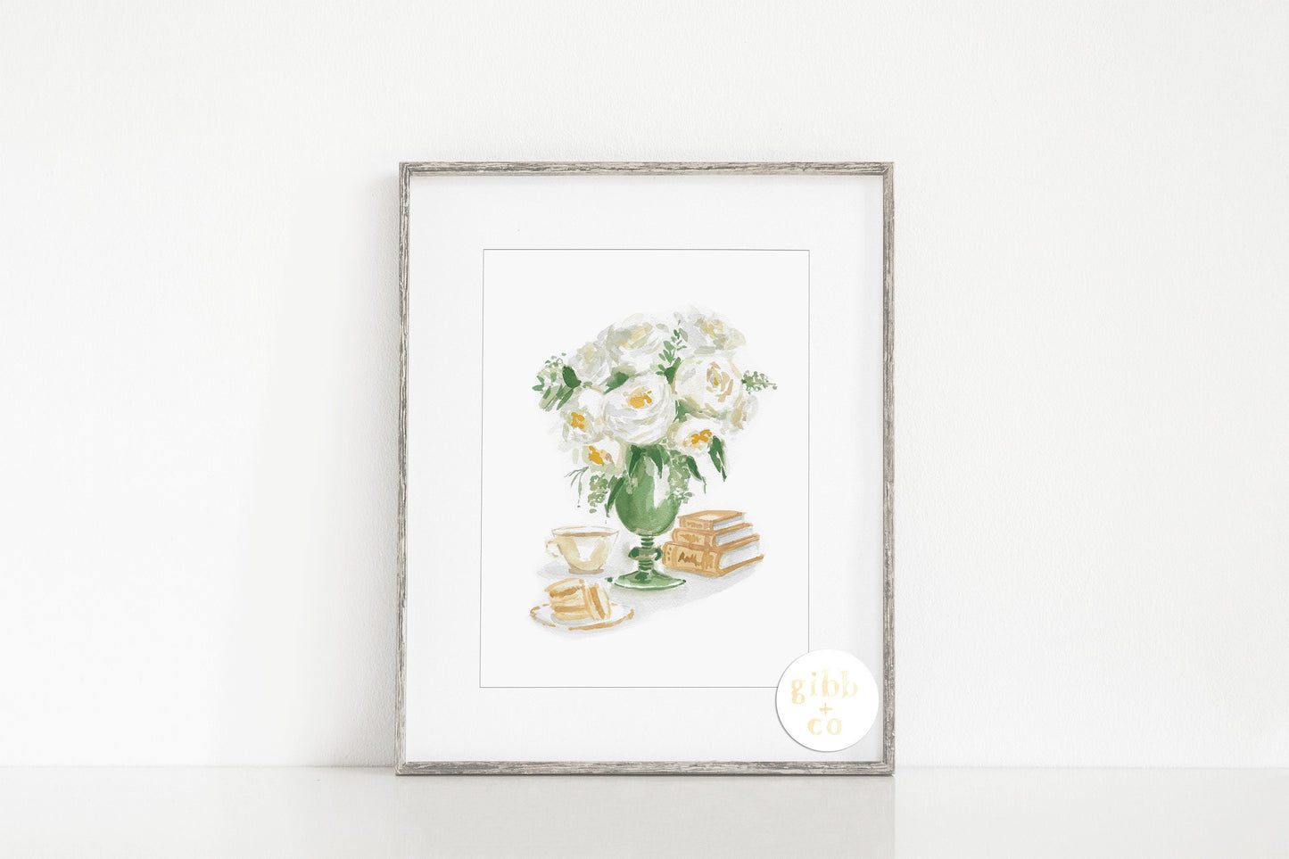 White Roses in green vase with macarons, book art print, floral art print