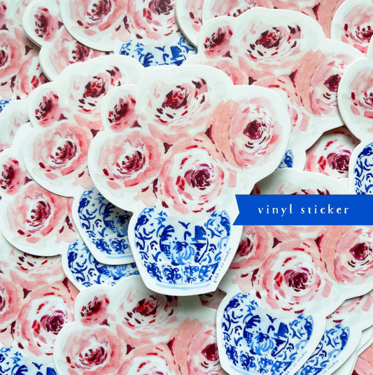 Peony sticker, blue vase sticker, blue chinoiserie sticker, vinyl, watercolor, illustration, pink, blue, flower lover
