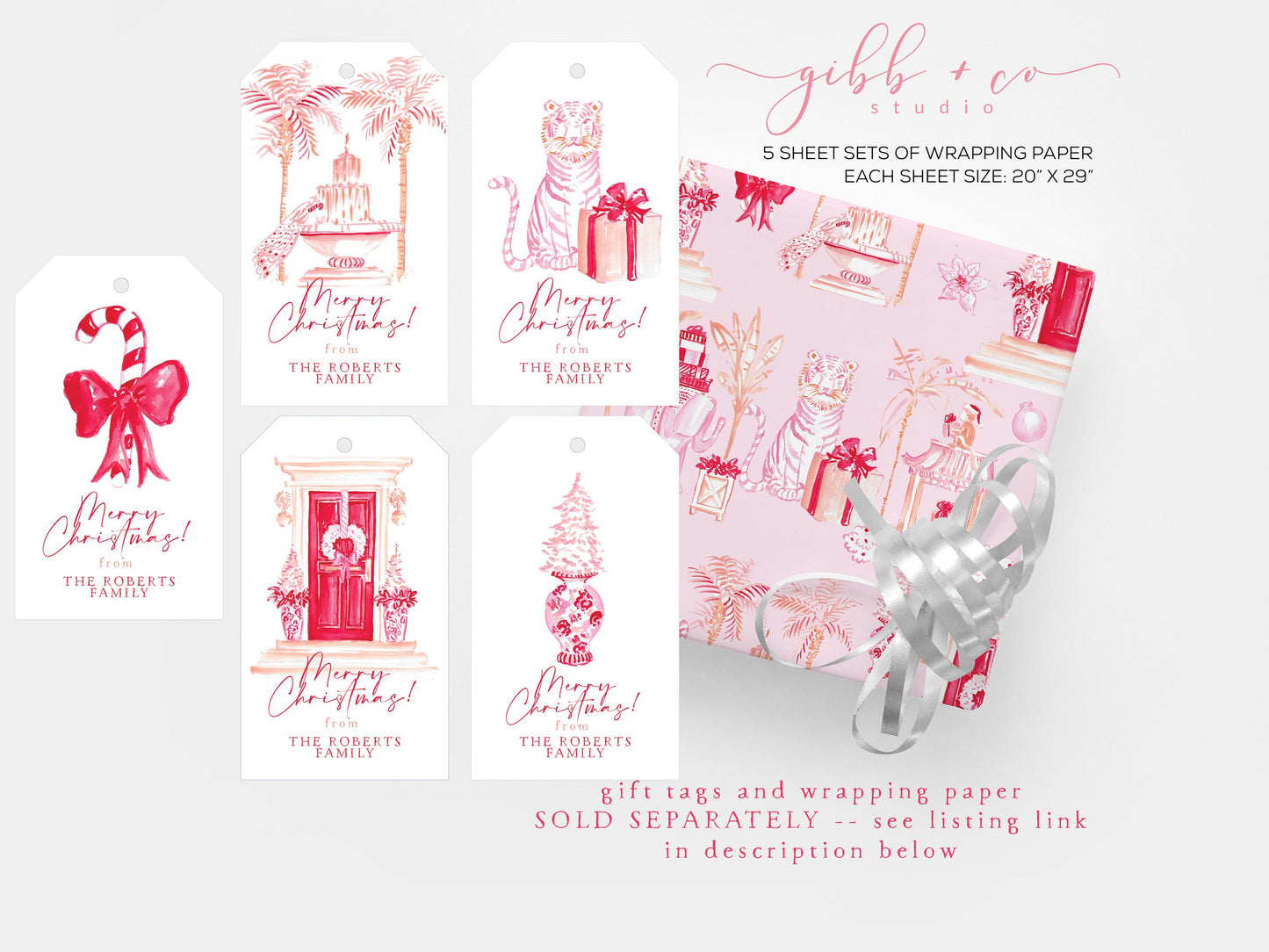 Pink Christmas wrapping paper, pink chinoiserie, Christmas wrapping paper, holiday wrapping paper