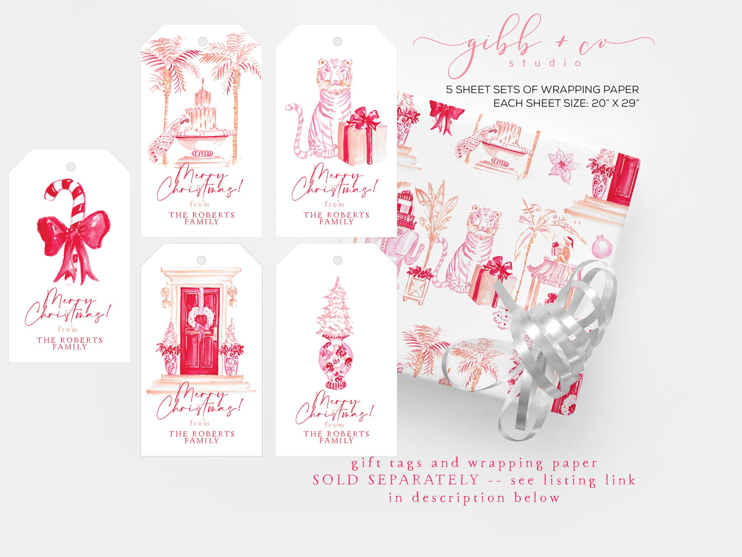 Pink Christmas wrapping paper, pink chinoiserie, Christmas wrapping paper, holiday wrapping paper