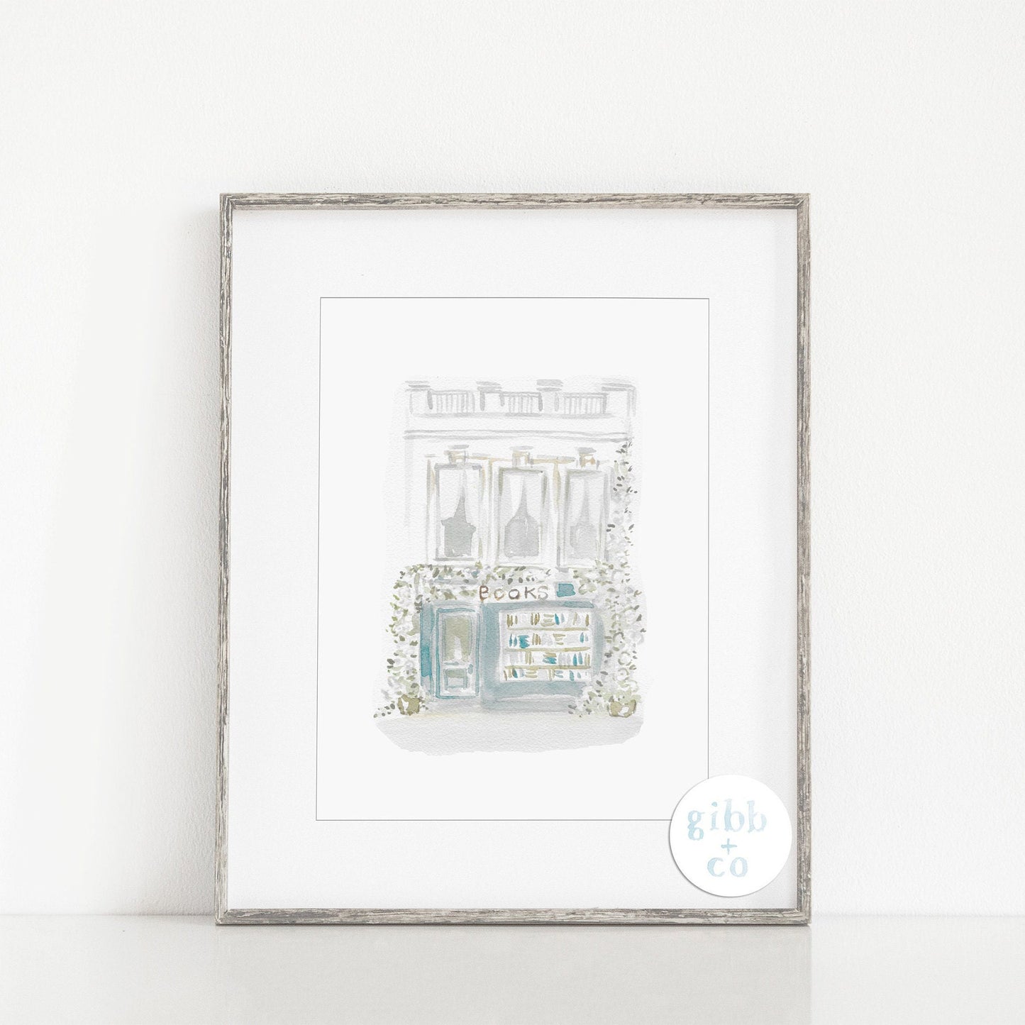 Blue and White Bookshop, Bookshop series, book art print, floral art print, architecture art print