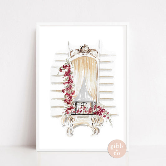 Burgundy roses Balcony, Balcony series, floral art print, architecture art print