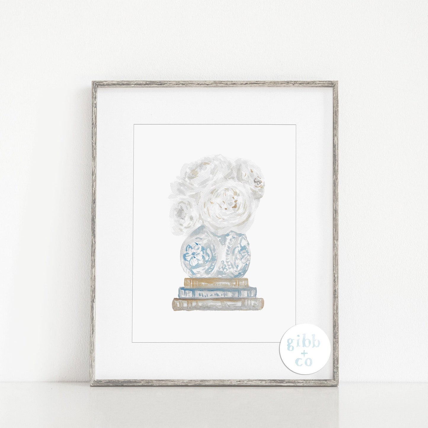 White peonies in blue vase with stacked books, book art print, floral art print