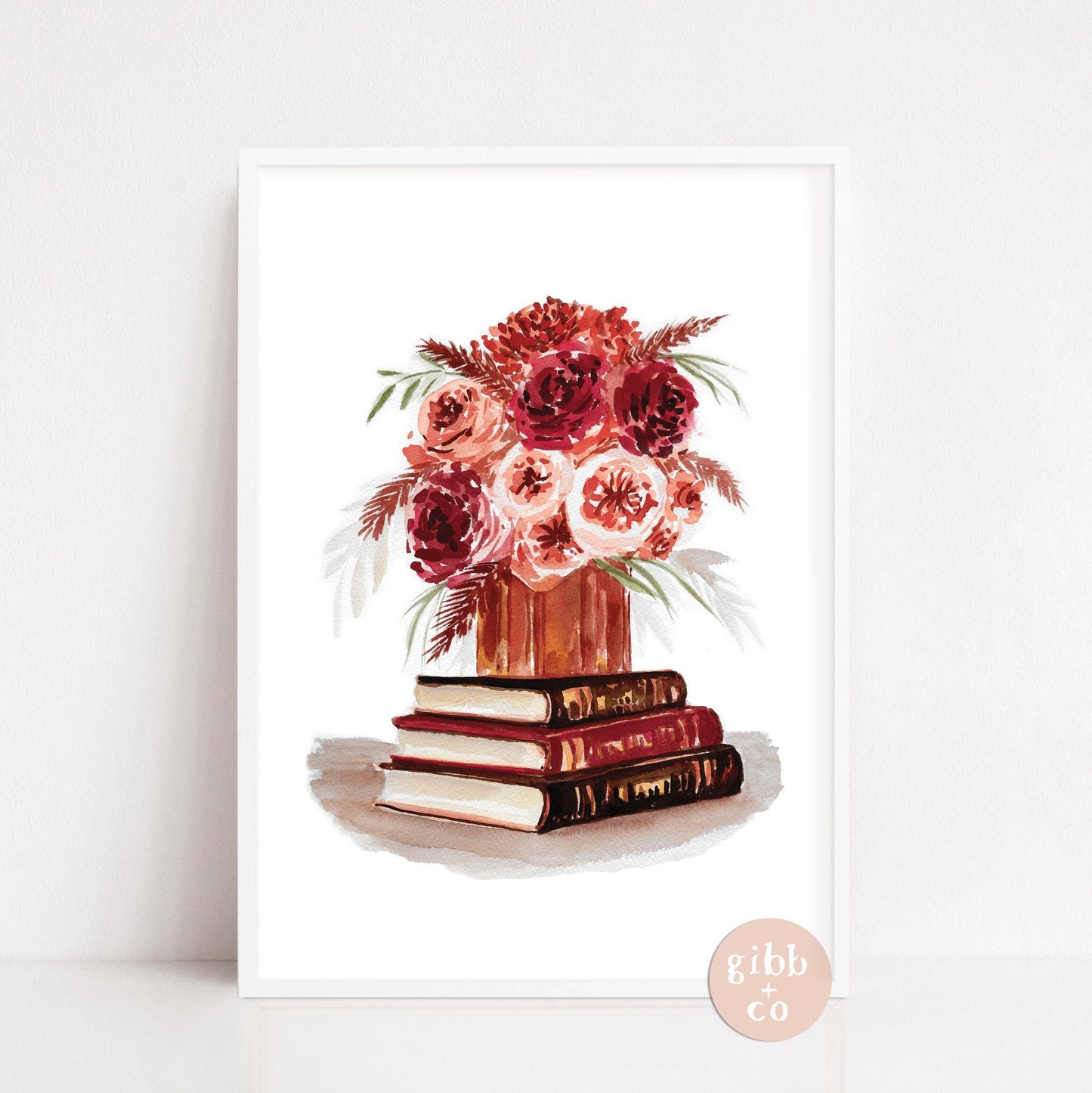 Red roses, burgundy roses, Stacked books, book art print, floral art print