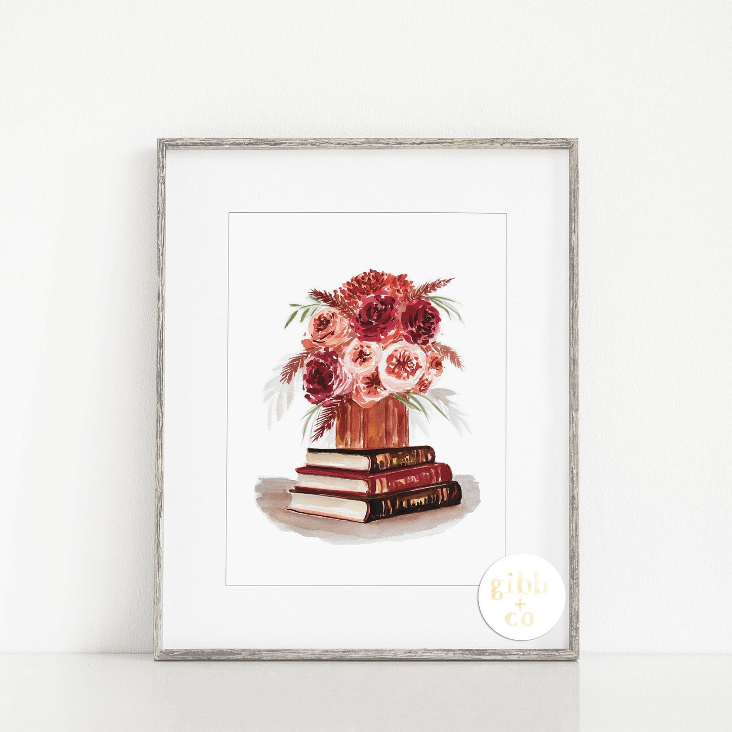 Red roses, burgundy roses, Stacked books, book art print, floral art print