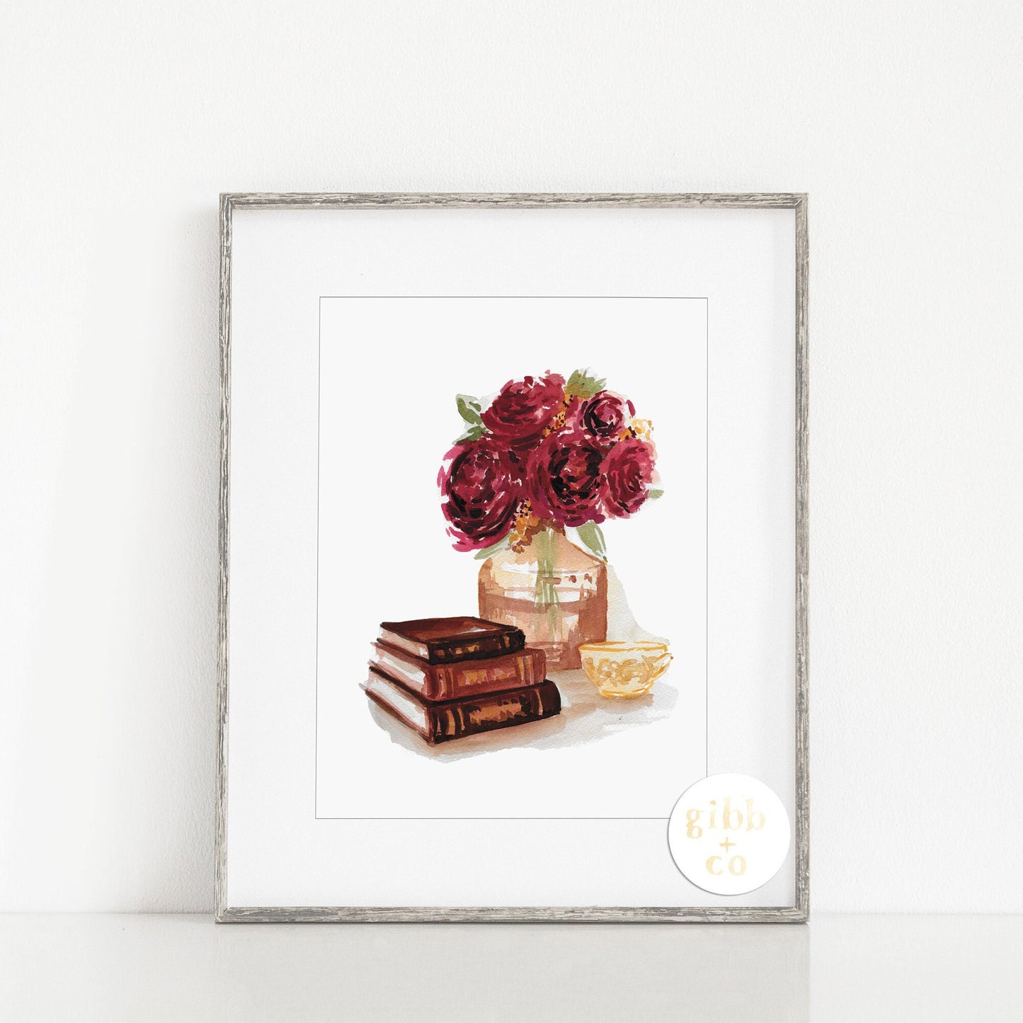 Red roses, burgundy roses, Stacked books, book art print, floral art print