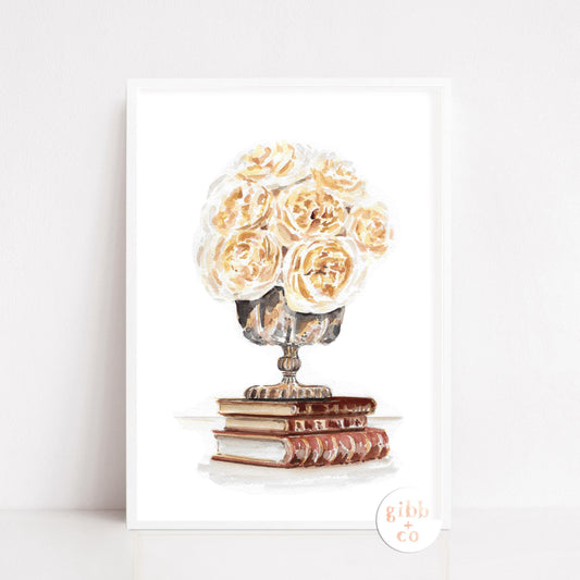 Cream roses on stacked books, book art print, floral art print