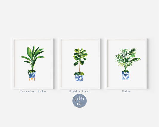 Blue Chinoiserie potted plant, palm, fiddle leaf, travelers palm, floral art print, garden art print