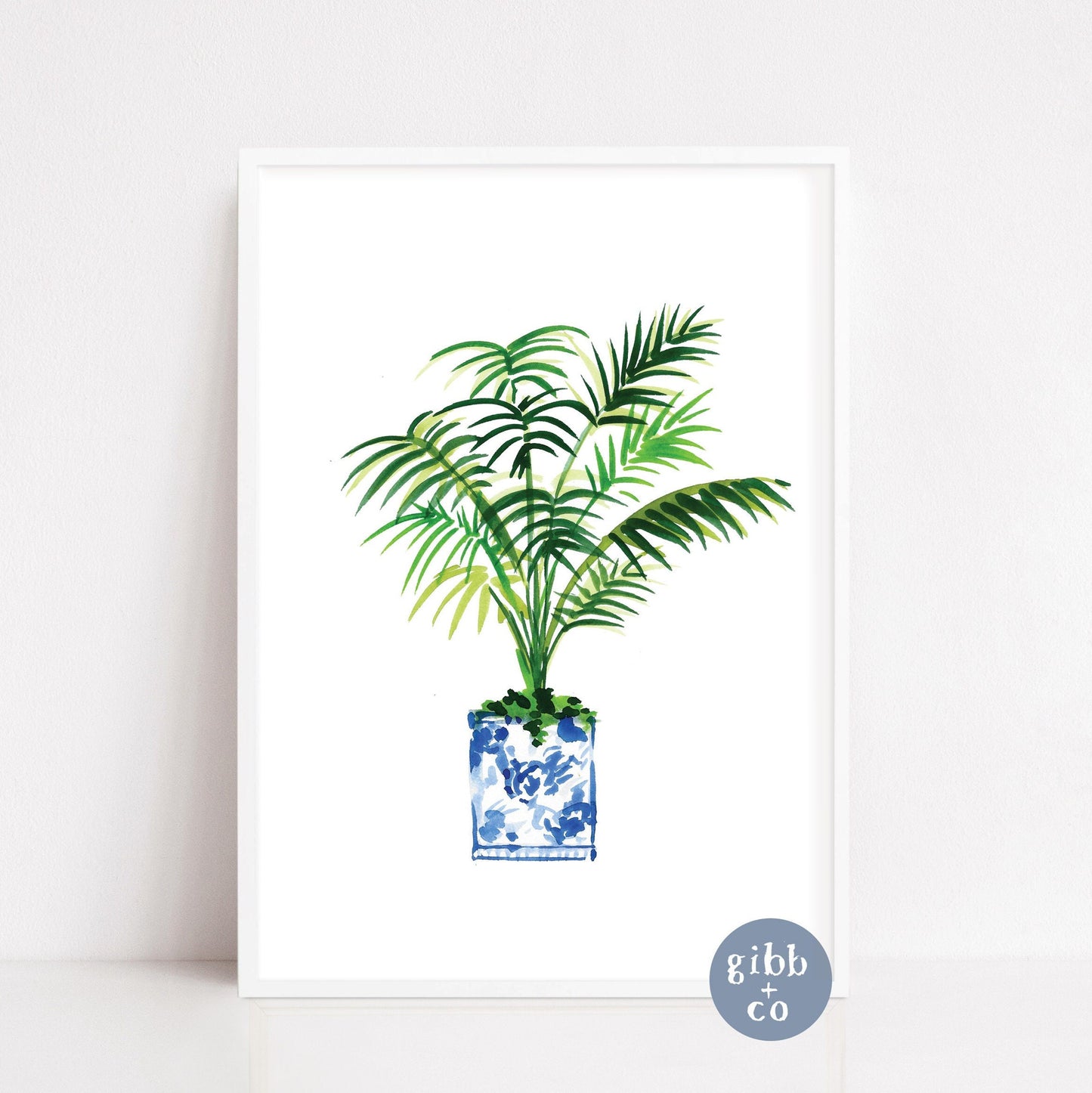 Blue Chinoiserie potted plant, palm, fiddle leaf, travelers palm, floral art print, garden art print